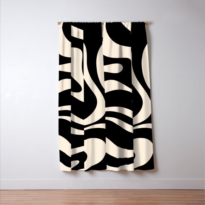 Modern Liquid Swirl Abstract Pattern Square in Black and Almond Cream  Window Curtain Gallery Image 3