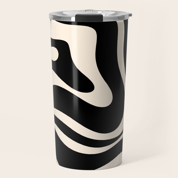 Modern Liquid Swirl Abstract Pattern Square in Black and Almond Cream  Travel Mug Gallery Image 1