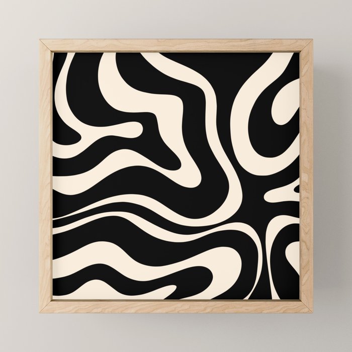 Modern Liquid Swirl Abstract Pattern Square in Black and Almond Cream  Mini Art Print Gallery Image 1