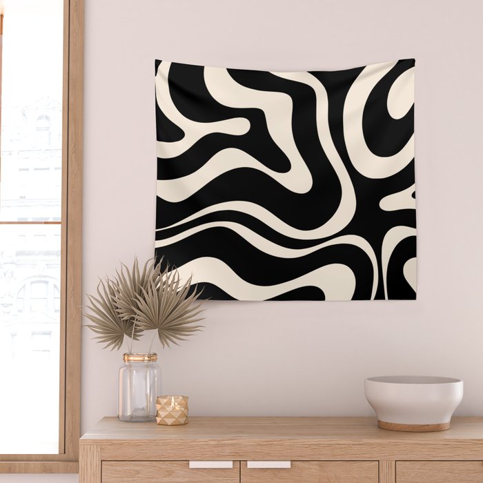 Modern Liquid Swirl Abstract Pattern Square in Black and Almond Cream  Wall Tapestry Gallery Image 2