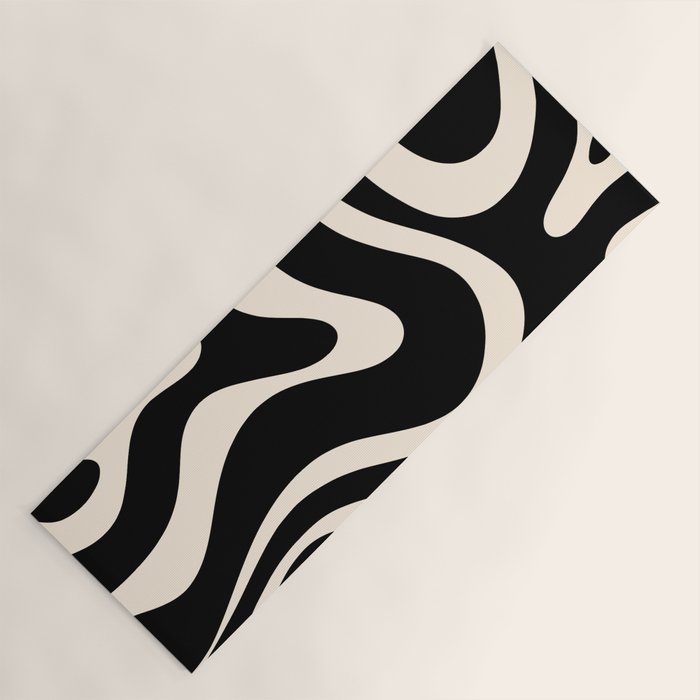 Modern Liquid Swirl Abstract Pattern Square in Black and Almond Cream  Yoga Mat Gallery Image 1