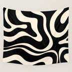 Modern Liquid Swirl Abstract Pattern Square in Black and Almond Cream  Wall Tapestry Gallery Image 4
