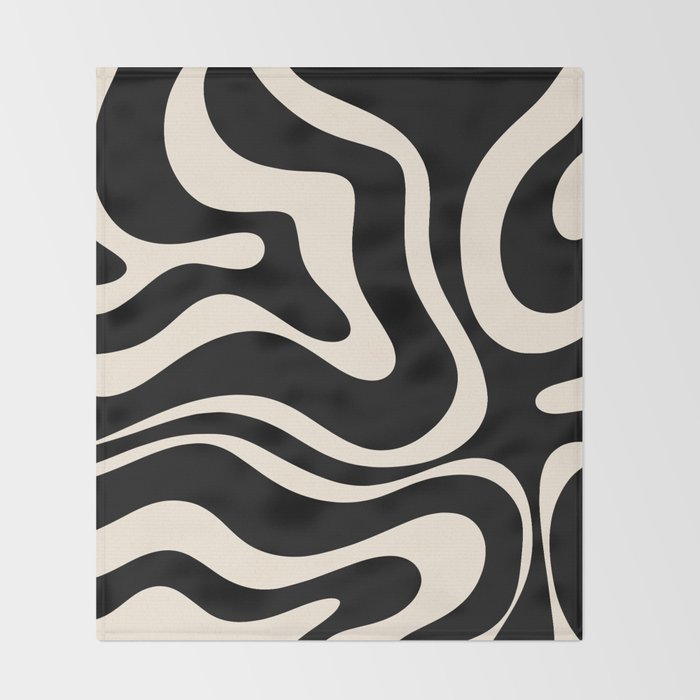 Modern Liquid Swirl Abstract Pattern Square in Black and Almond Cream  Throw Blanket Gallery Image 2