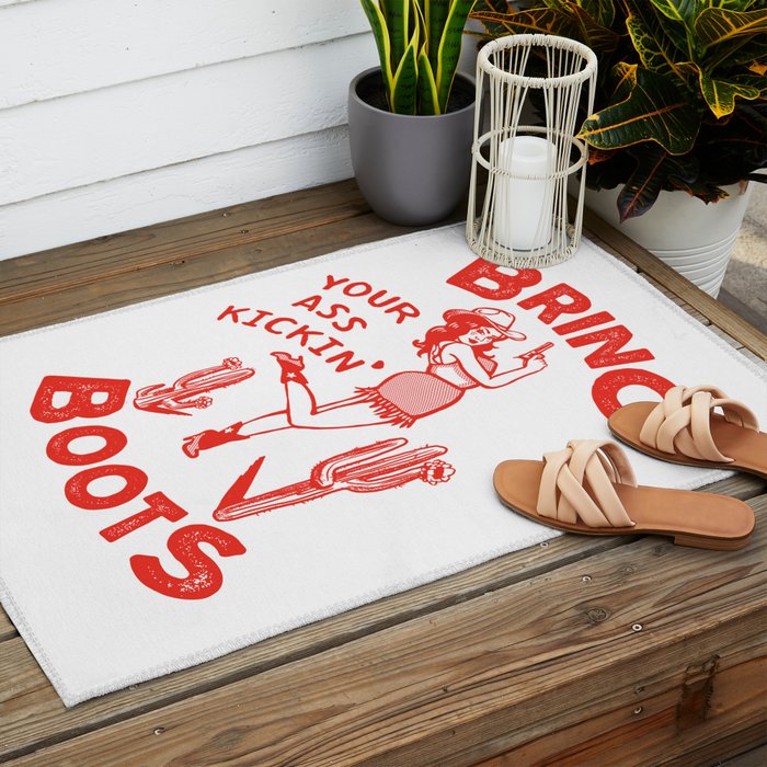 Bring Your Ass Kicking Boots! Cute & Cool Retro Cowgirl Design Outdoor Rug Gallery Image 2
