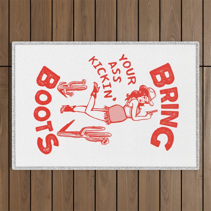 Bring Your Ass Kicking Boots! Cute & Cool Retro Cowgirl Design Outdoor Rug Gallery Image 1