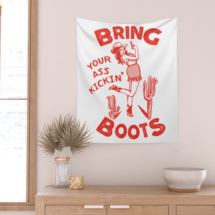Bring Your Ass Kicking Boots! Cute & Cool Retro Cowgirl Design Wall Tapestry Gallery Image 2