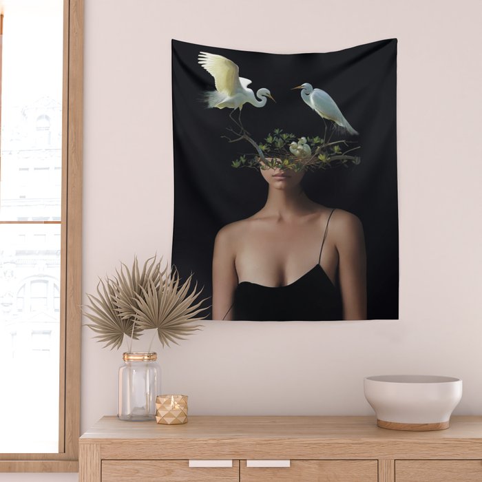 Lady with Birds 3 Wall Tapestry Gallery Image 2