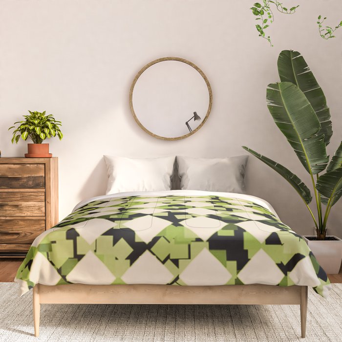 Geometric Checkerboard with Confetti Squares Green Black on Beige Comforter Gallery Image 3