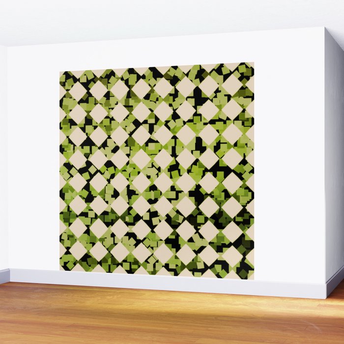 Geometric Checkerboard with Confetti Squares Green Black on Beige Wall Mural Gallery Image 2