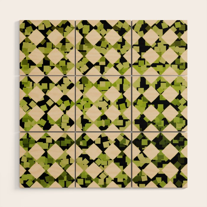 Geometric Checkerboard with Confetti Squares Green Black on Beige Wood Wall Art Gallery Image 1