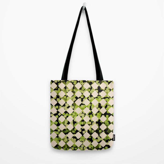 Geometric Checkerboard with Confetti Squares Green Black on Beige Tote Bag Gallery Image 2