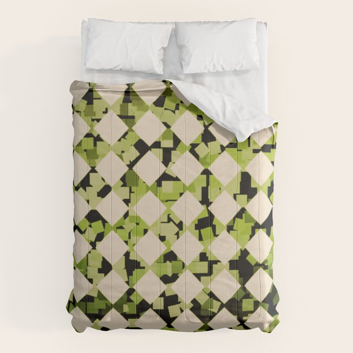 Geometric Checkerboard with Confetti Squares Green Black on Beige Comforter Gallery Image 1