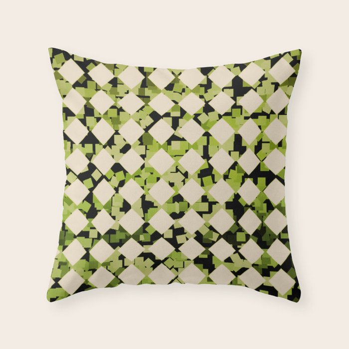 Geometric Checkerboard with Confetti Squares Green Black on Beige Throw Pillow Gallery Image 1