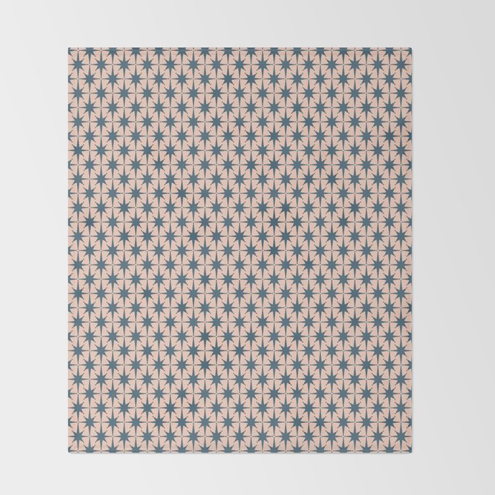 Mid Century Modern Atomic Stars Pattern in Steel Teal Blue and Pale Blush Pink Throw Blanket Gallery Image 2
