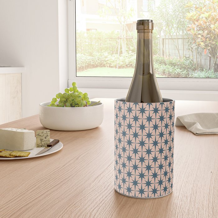 Mid Century Modern Atomic Stars Pattern in Steel Teal Blue and Pale Blush Pink Wine Chiller Gallery Image 4