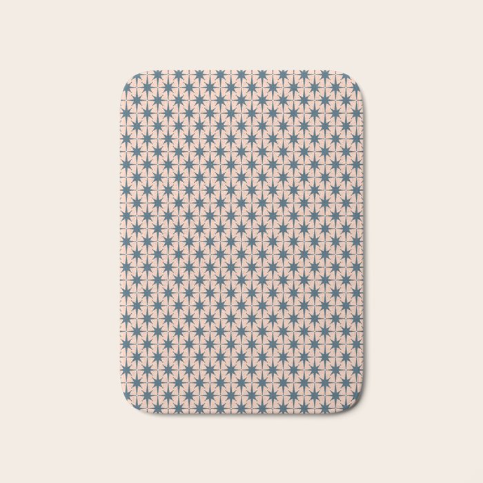 Mid Century Modern Atomic Stars Pattern in Steel Teal Blue and Pale Blush Pink Bath Mat Gallery Image 1