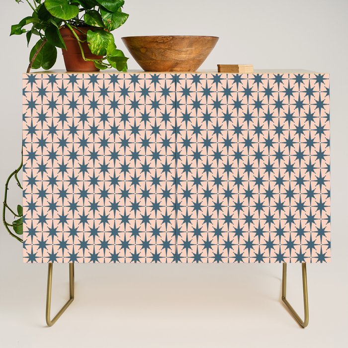 Mid Century Modern Atomic Stars Pattern in Steel Teal Blue and Pale Blush Pink Credenza Gallery Image 1