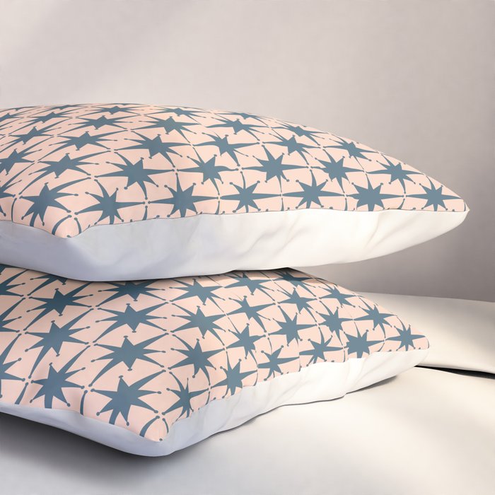 Mid Century Modern Atomic Stars Pattern in Steel Teal Blue and Pale Blush Pink Pillow Sham Gallery Image 3