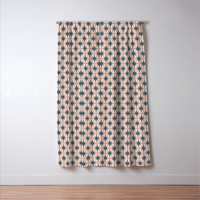 Mid Century Modern Atomic Stars Pattern in Steel Teal Blue and Pale Blush Pink Window Curtain Gallery Image 3