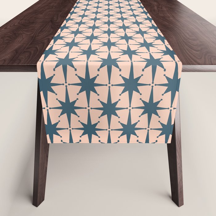 Mid Century Modern Atomic Stars Pattern in Steel Teal Blue and Pale Blush Pink Table Runner Gallery Image 1
