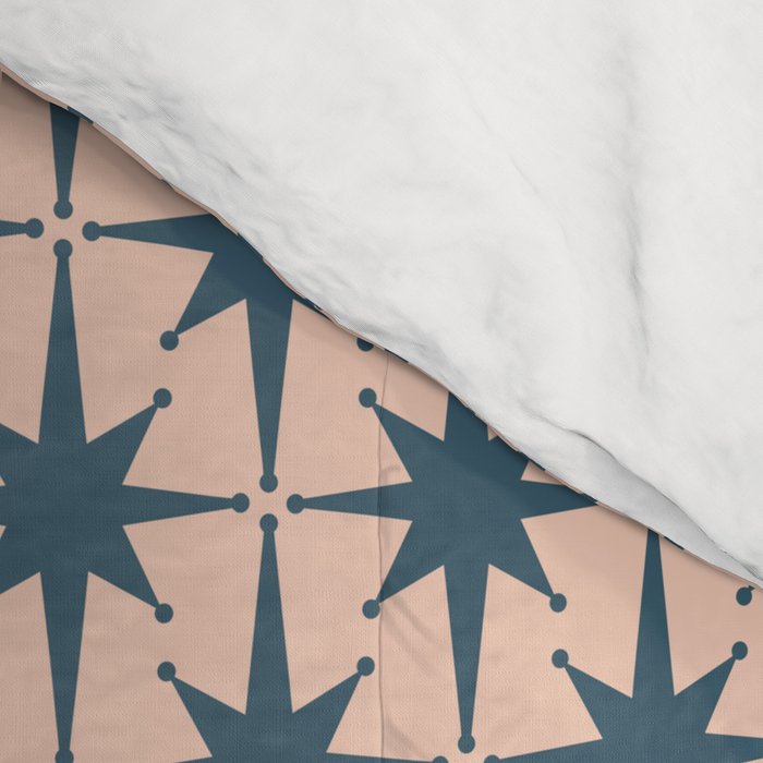 Mid Century Modern Atomic Stars Pattern in Steel Teal Blue and Pale Blush Pink Comforter Gallery Image 4