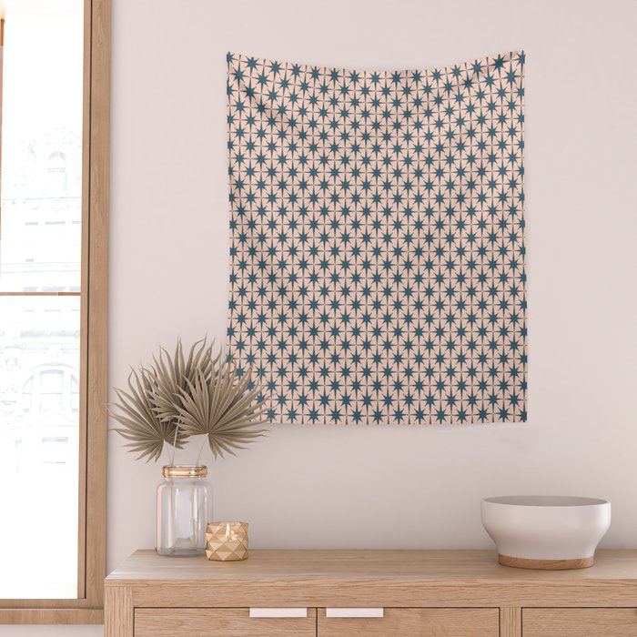 Mid Century Modern Atomic Stars Pattern in Steel Teal Blue and Pale Blush Pink Wall Tapestry Gallery Image 2