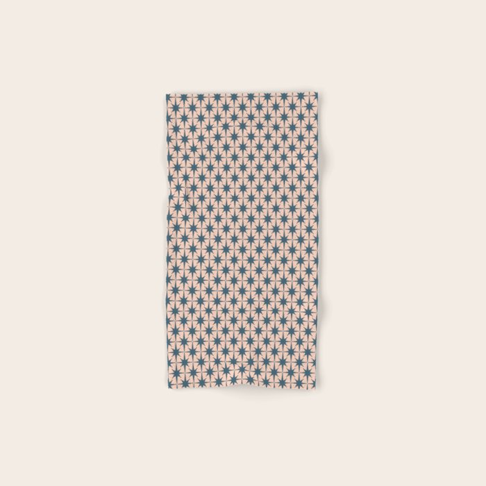 Mid Century Modern Atomic Stars Pattern in Steel Teal Blue and Pale Blush Pink Bath Towel Gallery Image 1