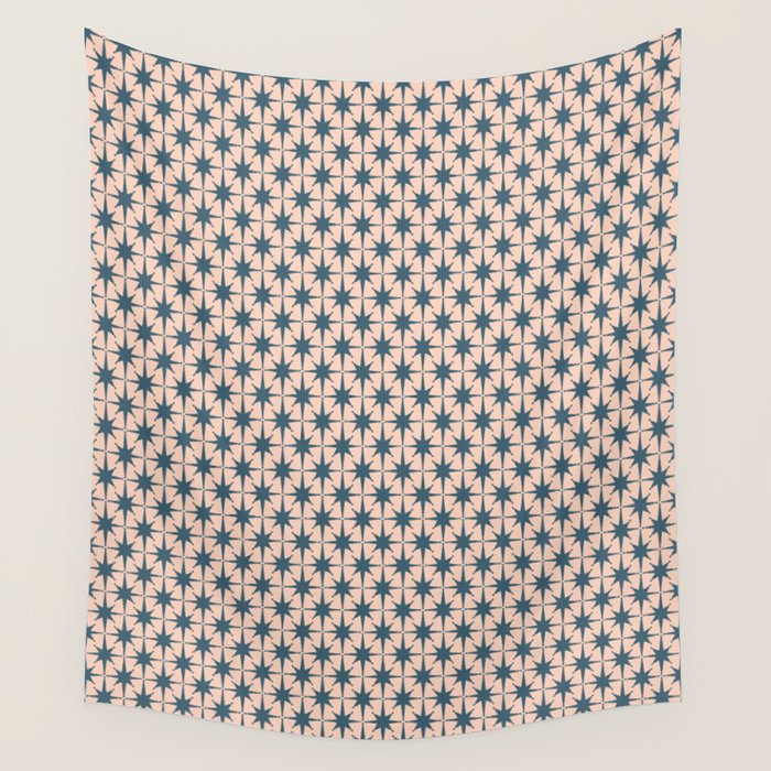 Mid Century Modern Atomic Stars Pattern in Steel Teal Blue and Pale Blush Pink Wall Tapestry Gallery Image 4
