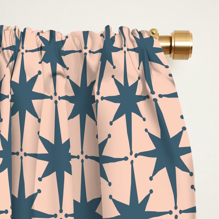 Mid Century Modern Atomic Stars Pattern in Steel Teal Blue and Pale Blush Pink Window Curtain Gallery Image 2