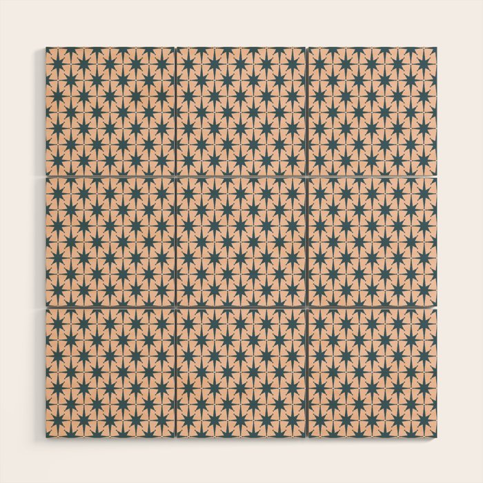 Mid Century Modern Atomic Stars Pattern in Steel Teal Blue and Pale Blush Pink Wood Wall Art Gallery Image 1