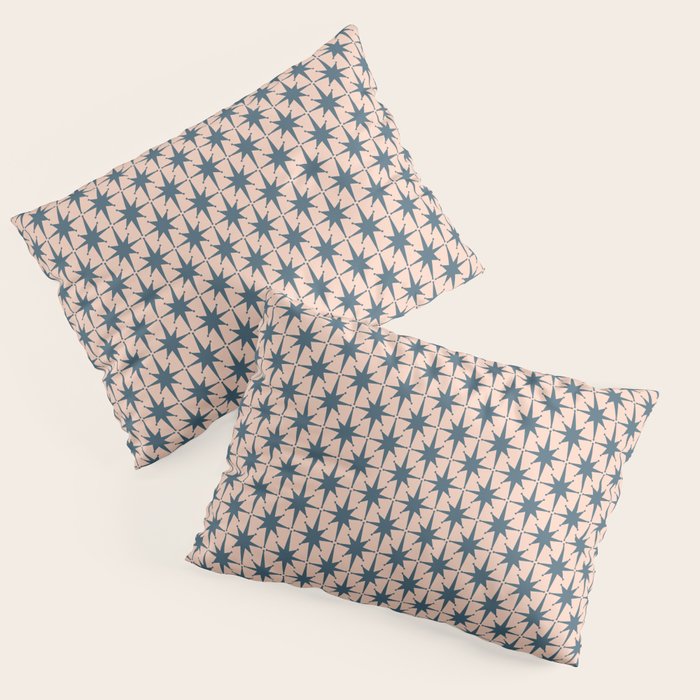 Mid Century Modern Atomic Stars Pattern in Steel Teal Blue and Pale Blush Pink Pillow Sham Gallery Image 1