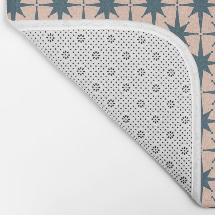 Mid Century Modern Atomic Stars Pattern in Steel Teal Blue and Pale Blush Pink Bath Mat Gallery Image 2