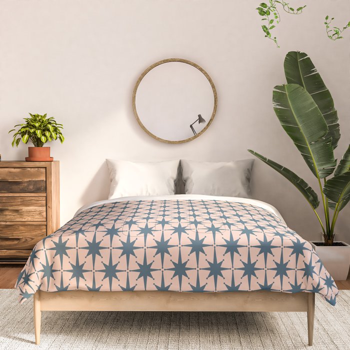 Mid Century Modern Atomic Stars Pattern in Steel Teal Blue and Pale Blush Pink Comforter Gallery Image 3