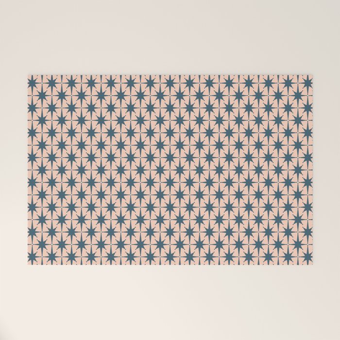 Mid Century Modern Atomic Stars Pattern in Steel Teal Blue and Pale Blush Pink Welcome Mat Gallery Image 1