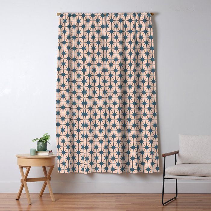 Mid Century Modern Atomic Stars Pattern in Steel Teal Blue and Pale Blush Pink Window Curtain Gallery Image 1
