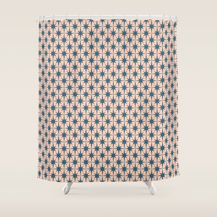 Mid Century Modern Atomic Stars Pattern in Steel Teal Blue and Pale Blush Pink Shower Curtain Gallery Image 1
