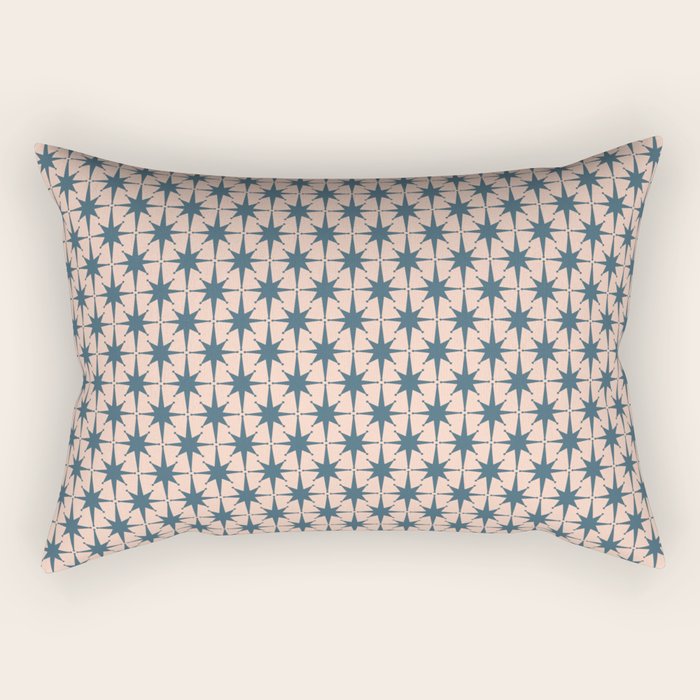 Mid Century Modern Atomic Stars Pattern in Steel Teal Blue and Pale Blush Pink Rectangular Pillow Gallery Image 1