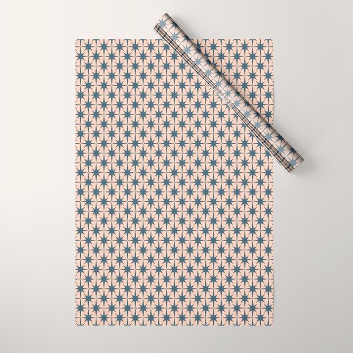 Mid Century Modern Atomic Stars Pattern in Steel Teal Blue and Pale Blush Pink Wrapping Paper Gallery Image 1