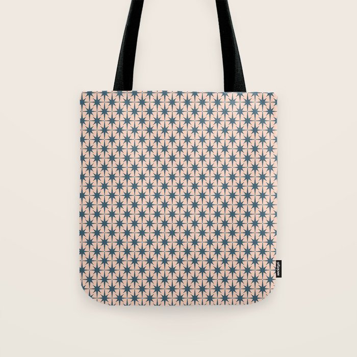 Mid Century Modern Atomic Stars Pattern in Steel Teal Blue and Pale Blush Pink Tote Bag Gallery Image 1