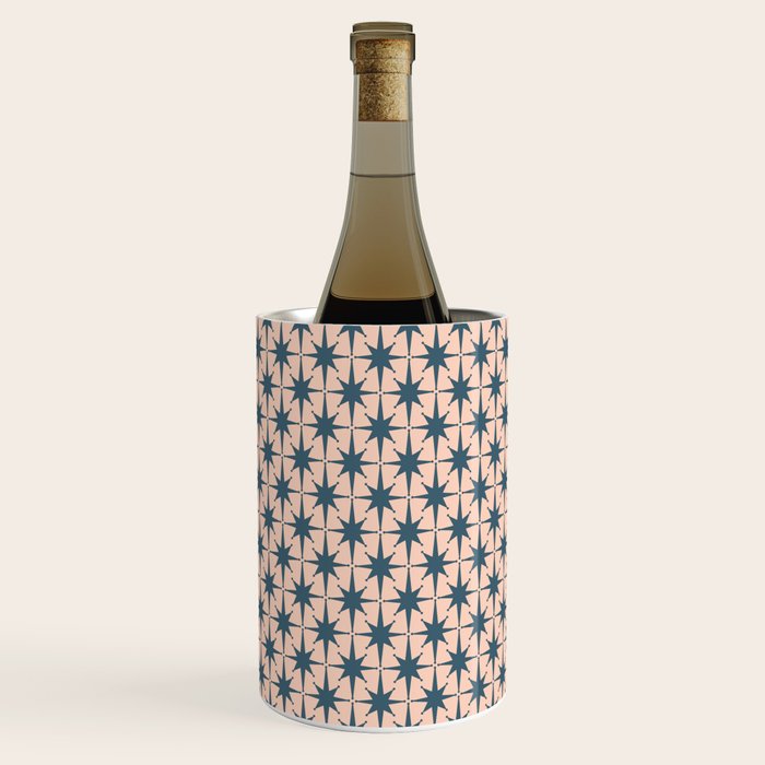 Mid Century Modern Atomic Stars Pattern in Steel Teal Blue and Pale Blush Pink Wine Chiller Gallery Image 1