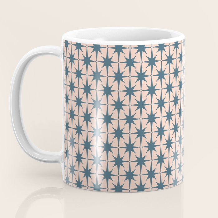 Mid Century Modern Atomic Stars Pattern in Steel Teal Blue and Pale Blush Pink Coffee Mug Gallery Image 3
