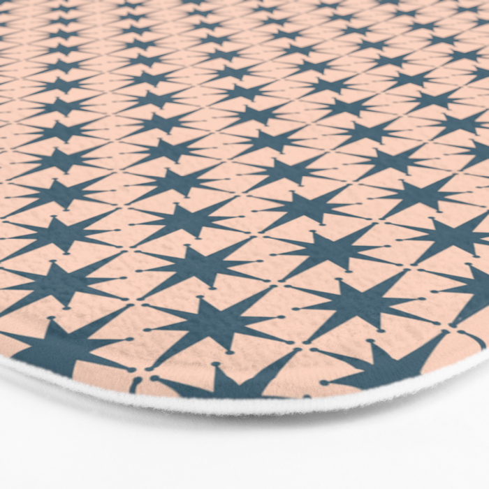 Mid Century Modern Atomic Stars Pattern in Steel Teal Blue and Pale Blush Pink Bath Mat Gallery Image 3