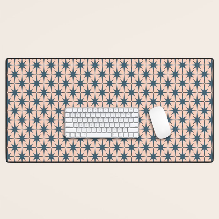 Mid Century Modern Atomic Stars Pattern in Steel Teal Blue and Pale Blush Pink Desk Mat Gallery Image 1