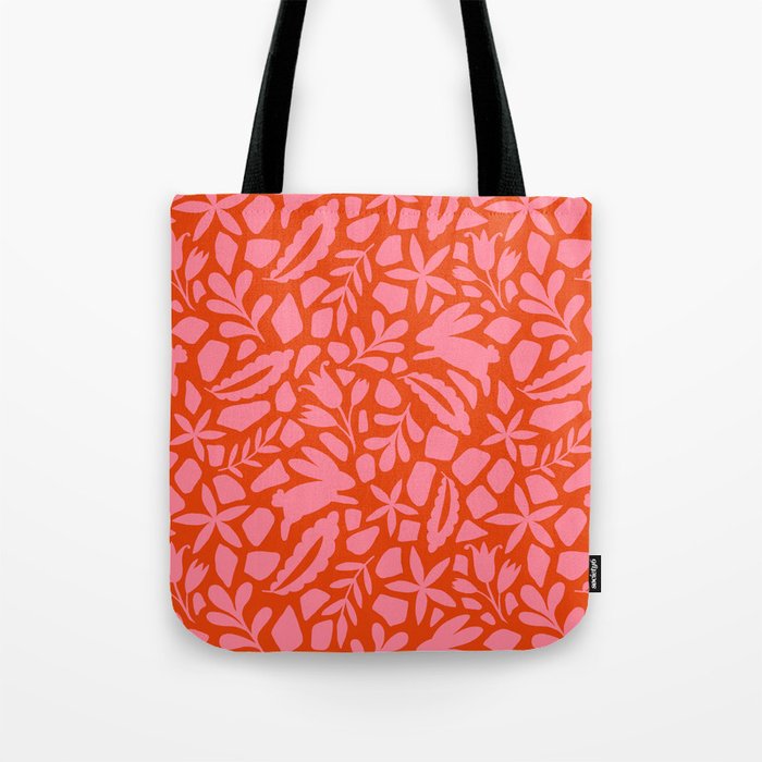Folk Art Bunnies - Tomato and Pink Tote Bag Gallery Image 1