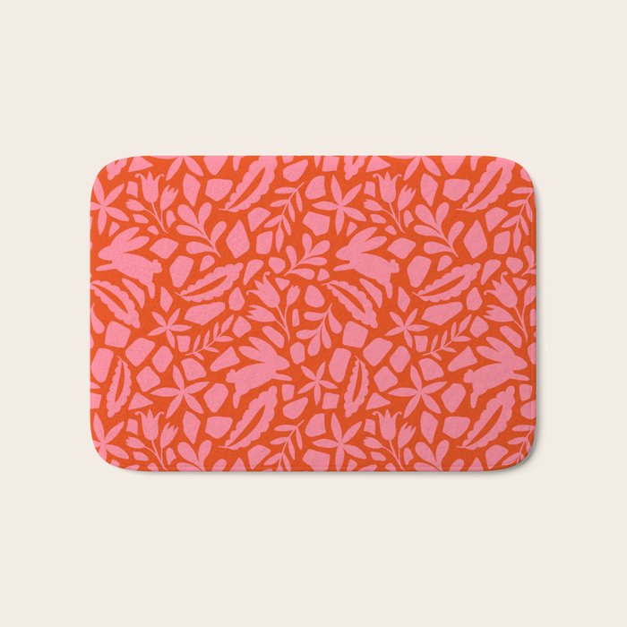 Folk Art Bunnies - Tomato and Pink Bath Mat Gallery Image 1