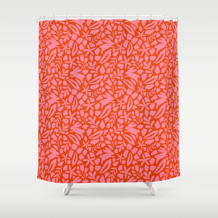 Folk Art Bunnies - Tomato and Pink Shower Curtain Gallery Image 1