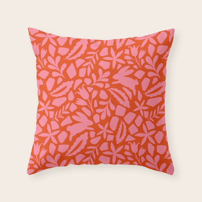 Folk Art Bunnies - Tomato and Pink Throw Pillow Gallery Image 1