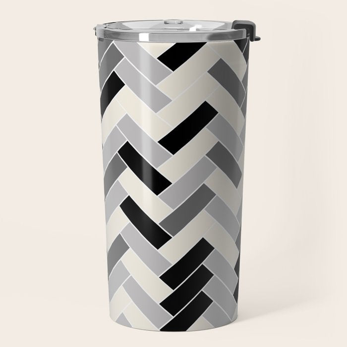 Black Gray Ivory Herringbone Pattern Pairs Valspar 2023 COTY Cozy White 3008-10C Travel Mug Gallery Image 2