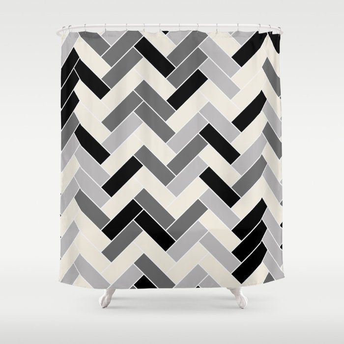 Black Gray Ivory Herringbone Pattern Pairs Valspar 2023 COTY Cozy White 3008-10C Shower Curtain Gallery Image 1