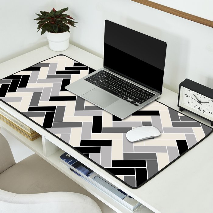 Black Gray Ivory Herringbone Pattern Pairs Valspar 2023 COTY Cozy White 3008-10C Desk Mat Gallery Image 2